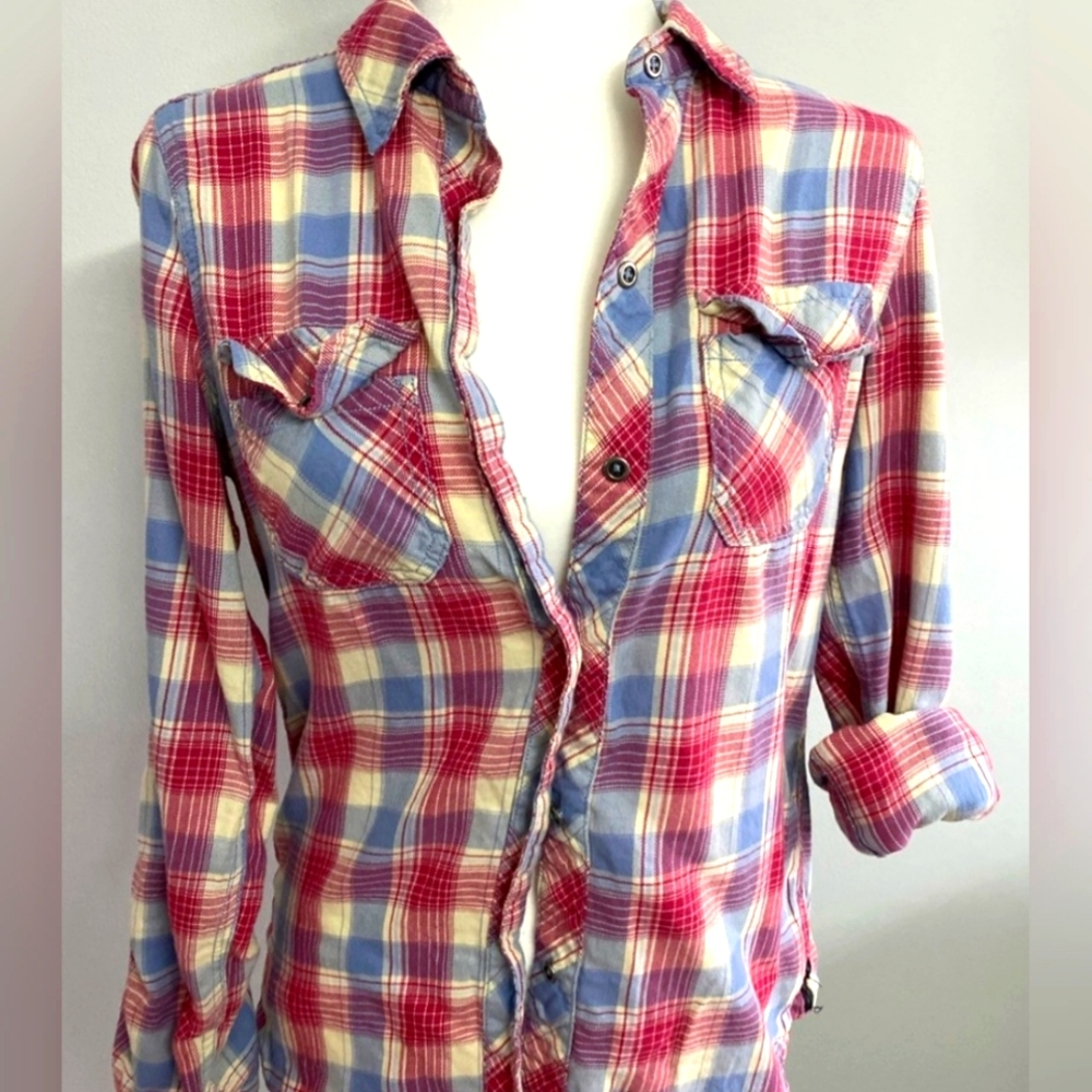 (S)🆕️Seven 7🌺 Premium Quality Plaid Women’s Long Sleeve Shirt Ptp 17.5×L25"🌺